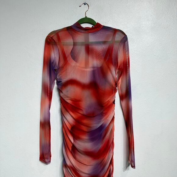 Capsulle Red Summer Heat Print Mesh Ruched Midi Bodycon Dress Sz M - Picture 3 of 14